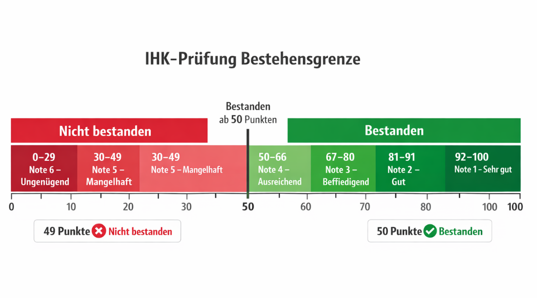 IHK Bestehensgrenze Grafik zeigt dass man ab 50 Punkten besteht und unter 50 Punkten nicht bestanden mit Noten von 0 bis 100 Punkte