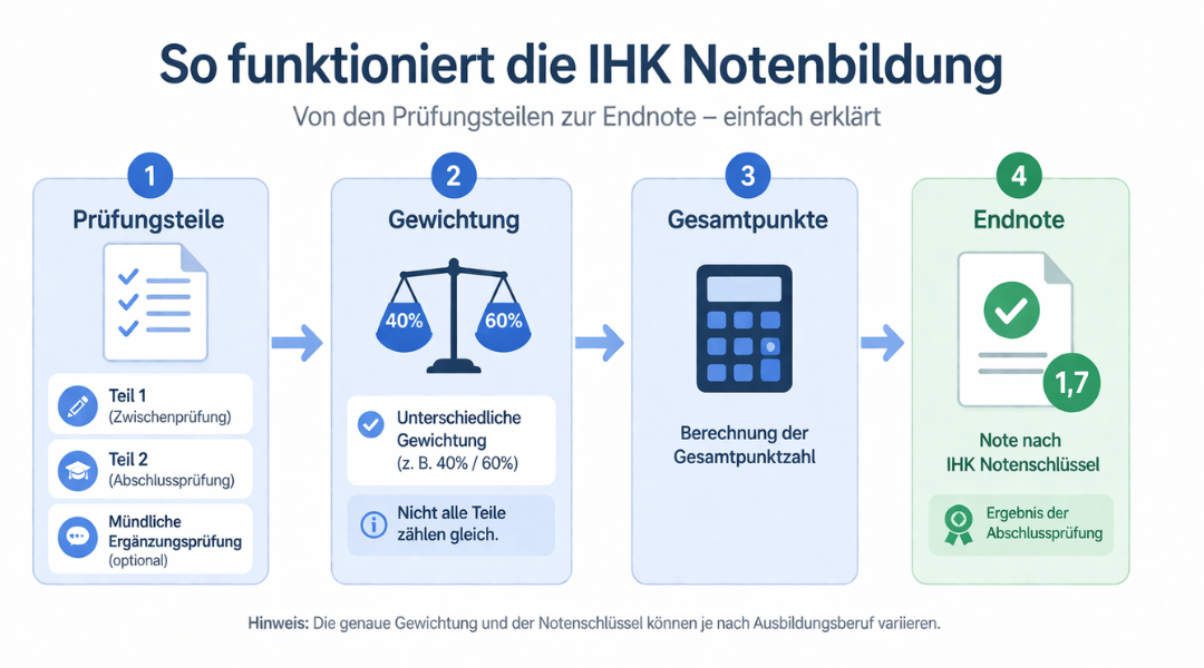 IHK Bewertungssystem Grafik zeigt wie Prüfungsteile gewichtet werden und zur Gesamtnote nach Notenschlüssel führen