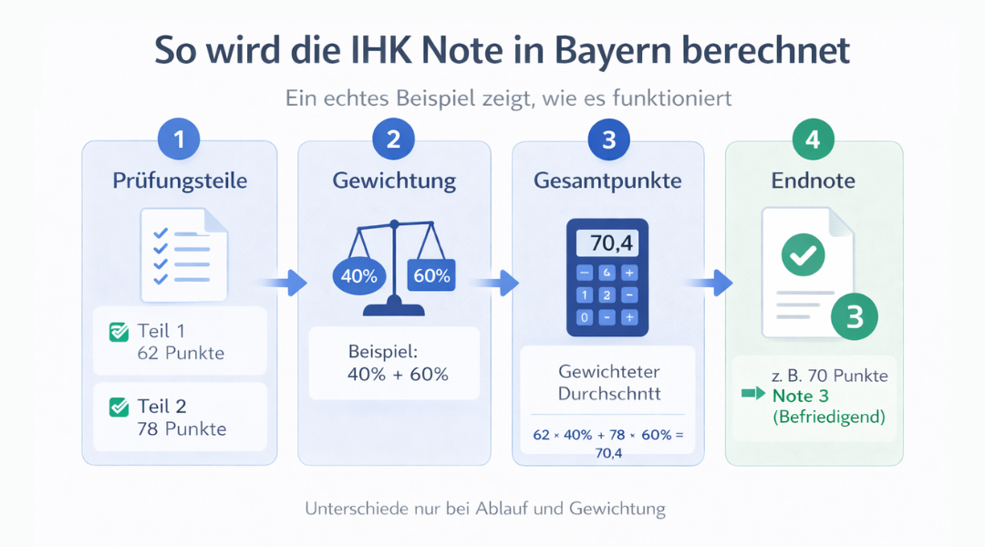IHK Note berechnen Bayern Beispiel mit Teil 1 und Teil 2 zeigt Gewichtung und Umrechnung von Punkten