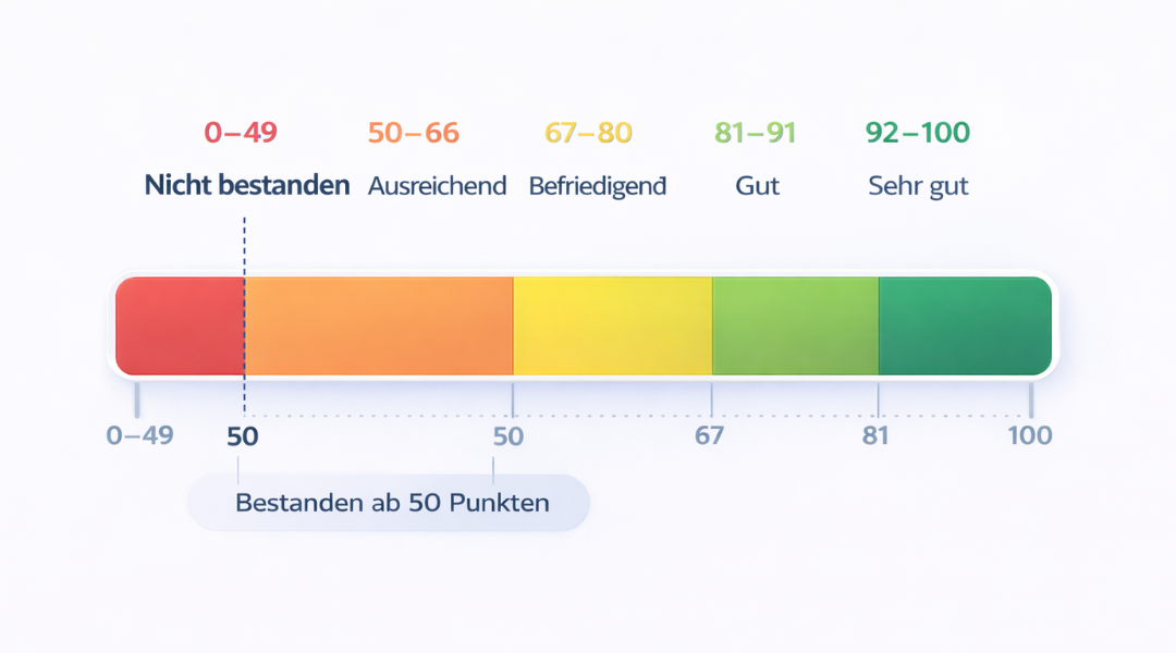 IHK Notenschlüssel Grafik zeigt Punkte Bereiche von 0 bis 100 mit Noten von ungenügend bis sehr gut und Bestehensgrenze bei 50 Punkten